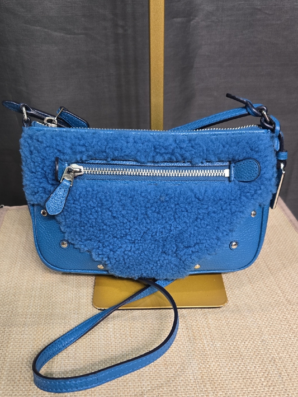 Coach Blue Shearling Pebbled Leather Crossbody Bag